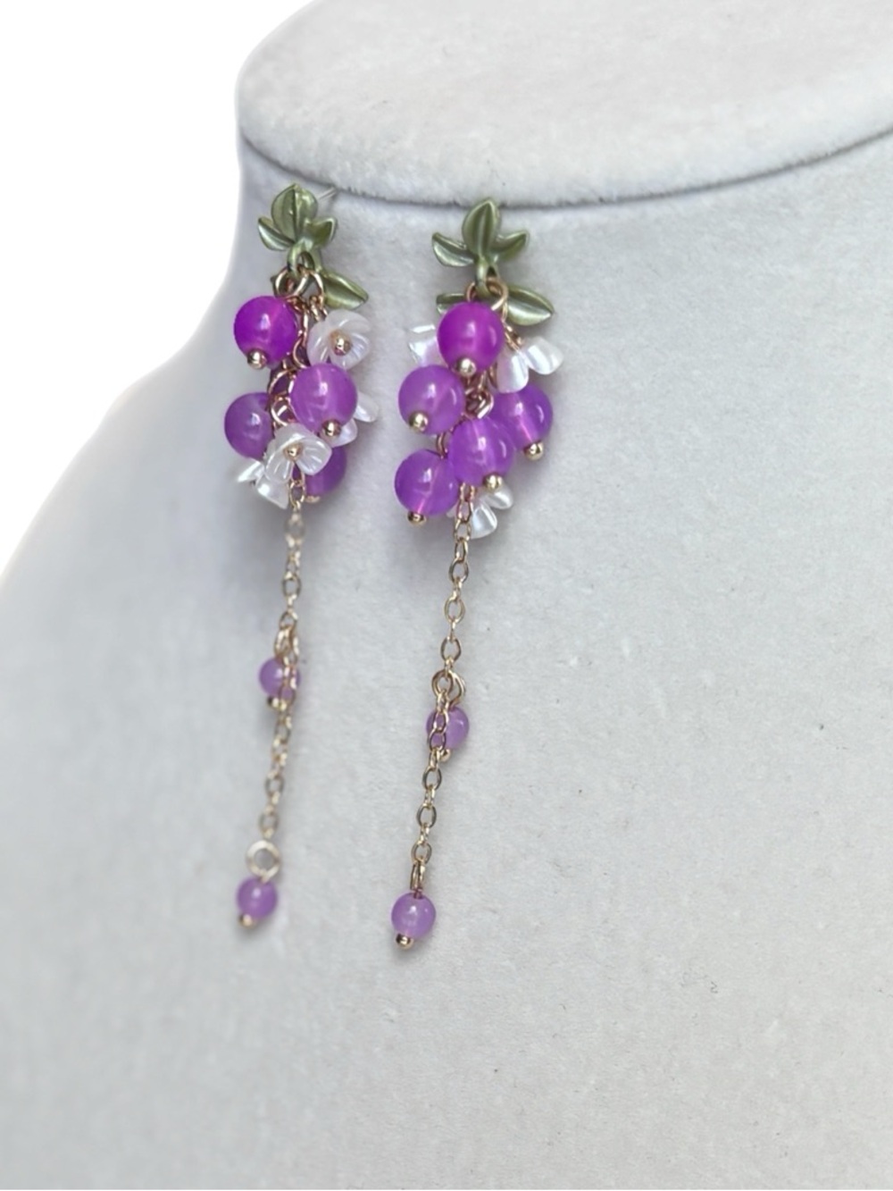 Grape Cluster Drop Floral Dangle Earrings - Picture 3 of 6